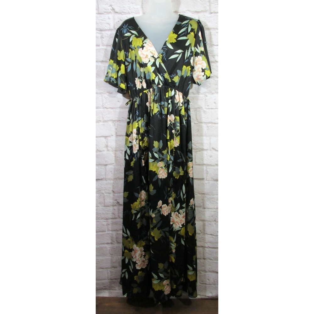 Baltic Born Kia Kimono Maxi Dress Womens XL Blue Midnight Floral Satin NO BELT*